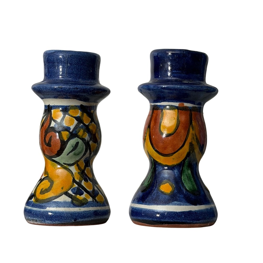 Vintage Mexican Pottery Candlestick Holders Pair Hand Painted Blue Folk Art
